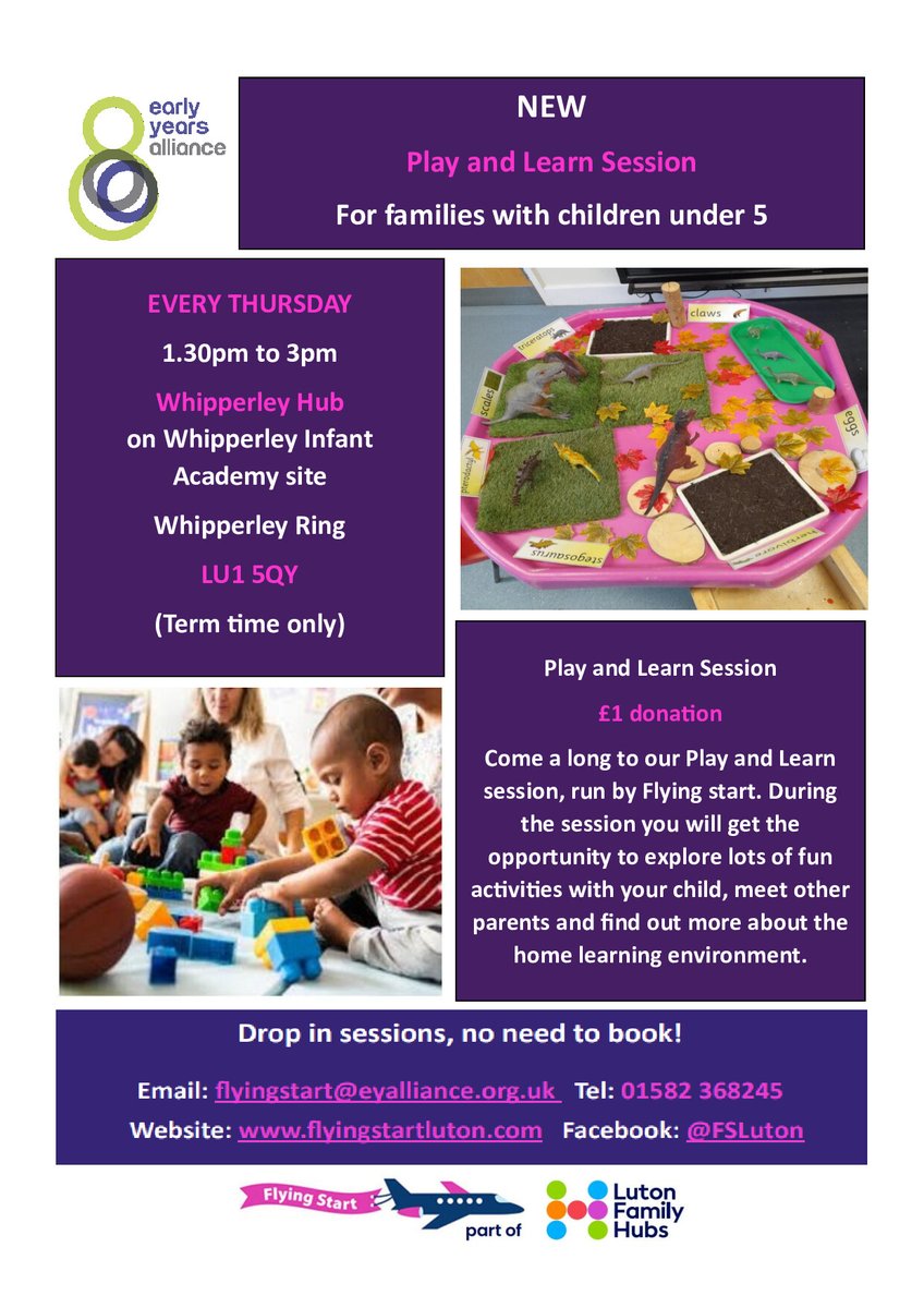 NEXT THURSDAY (and term-time Thursdays after that) check out our new extended 'Play and Learn' session at Whipperley (LU1 5QY) from 1.30pm to 3pm. No need to book- just drop in with your child under 5!