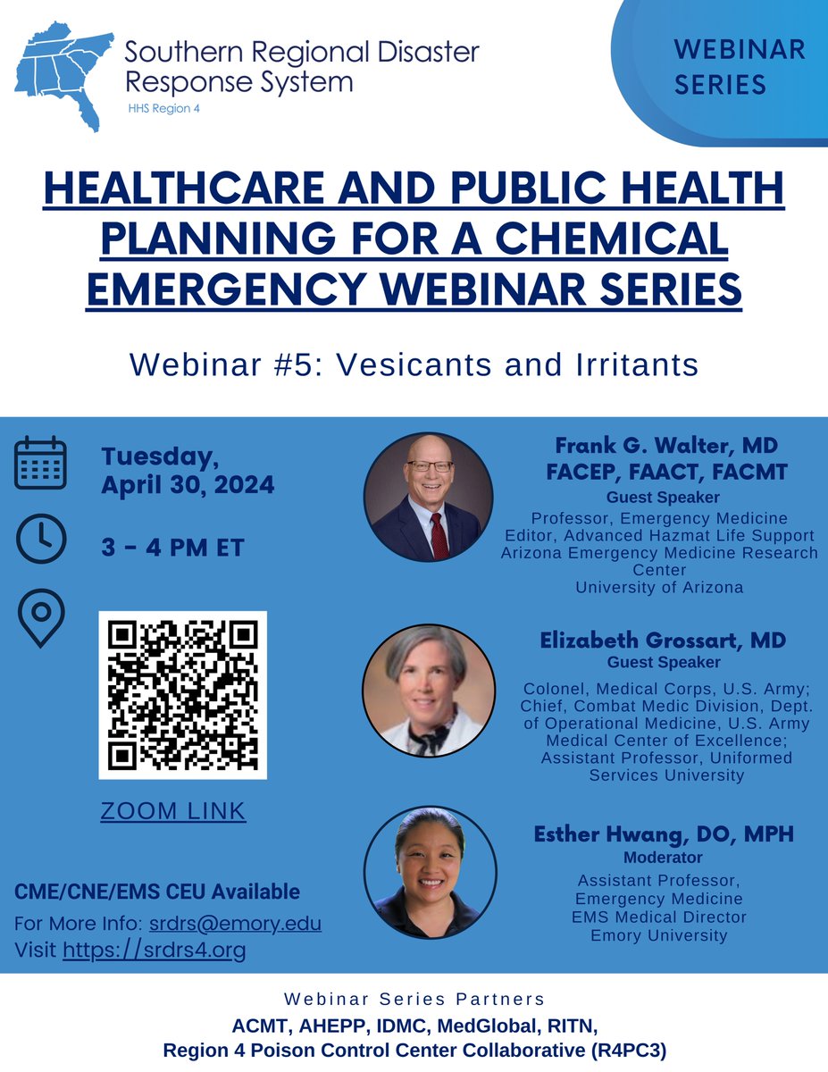 Join the Southern Regional Disaster Response System (SRDRS) for Webinar #5 in the Chemical Emergency Webinar Series on Vesicants and Irritants. Happening Tuesday, April 30 from 3-4 ET. Register here: zoom.us/webinar/regist… @ZiadKazzi @acmtmedtox
