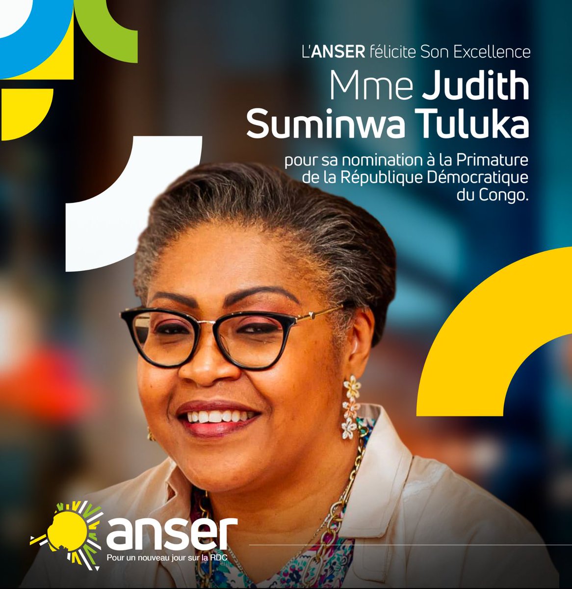 🇨🇩🎉 L'#ANSER adresse ses chaleureuses félicitations à Son Excellence Madame Judith Suminwa Tuluka pour sa nomination en tant que Première Ministre de la #RDC. C'est une étape historique pour notre pays ! @SuminwaJudith