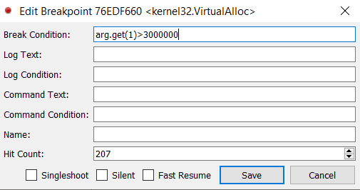 Not sure who needs to hear this, but I was today years old when I realized how effective conditional breakpoints in x64dbg are.. I had a need to break conditionally on all VirtualAlloc calls with a size parameter > 0x3000000. Here is how to do this.😎