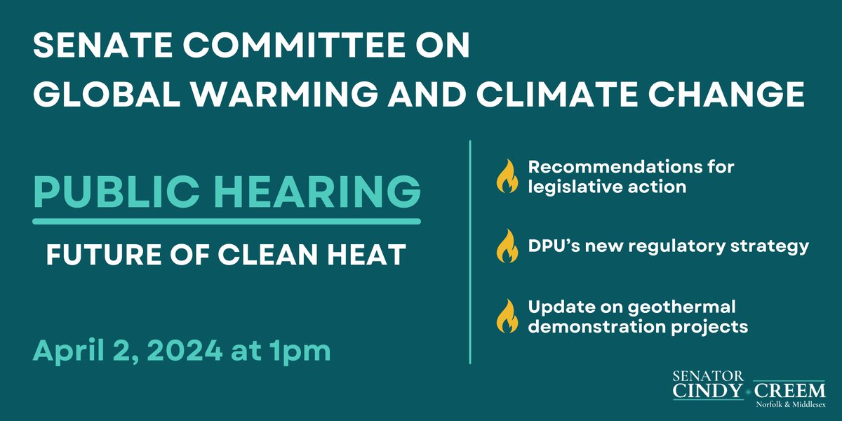 Join us at 1 p.m. as I chair a #GlobalWarming & #ClimateChange Committee hearing on the future of Massachusetts' gas distribution system and our transition to clean heat. 📺 Tune in online to listen here: malegislature.gov/Events/Hearing…