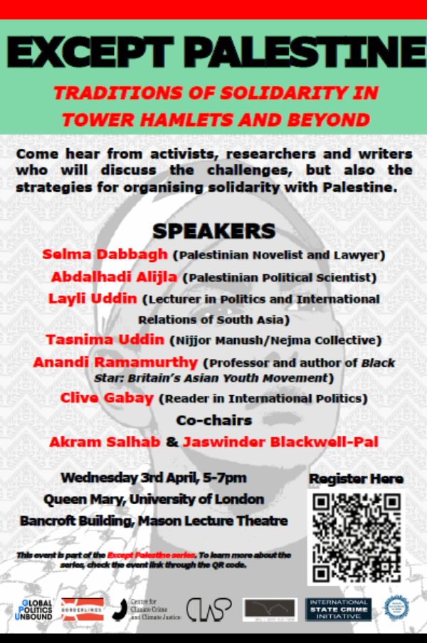 As a resident of Tower Hamlets, Professor at Queen Mary, and someone who is sickened every day by news from Gaza, this is a must-attend event. Every Palestine event I've been to at QM has been inclusive, friendly, insightful, and energising. Do come along if you're in the area.