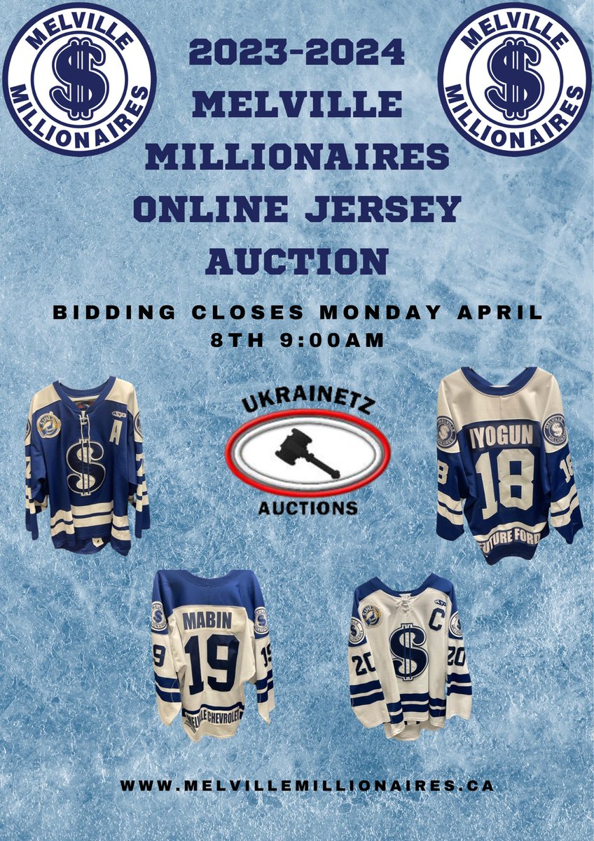 MELVILLE MILLIONAIRES JERSEY AUCTION Make sure to click the link and bid on your favourite jersey!! Auction closes MONDAY APRIL 8TH @ 9:00AM ukrainetzauctions.hibid.com/catalog/532690…