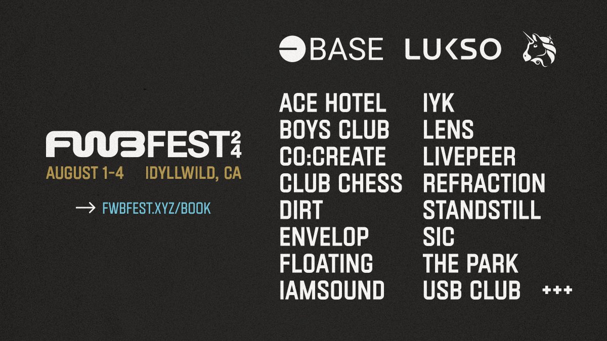 Friends With Benefits (@fwbtweets) on Twitter photo ALL YOUR FRIENDS WILL BE THERE >>> TYSM to our early FEST partners:
@BASE
<a href="/lukso_io/">LUKSO</a>
<a href="/Uniswap/">Uniswap Labs 🦄</a>
<a href="/acehotel/">Ace Hotel</a>
@boysclubworld
<a href="/clubchessnyc/">Club Chess</a>
<a href="/cocreateink/">CO:CREATE</a>
<a href="/dirtyverse/">Dirt</a>
@envelopsound
Floating
<a href="/iamsound/">IAMSOUND</a>
@IYK_app
@lensprotocol
<a href="/nemesis_global/">NEMESIS</a>
<a href="/RefractionDAO/">Refraction</a>
<a href="/sceneinfra/">SIC</a>
Standstill
<a href="/thepark/">thepark.eth</a> ALL YOUR FRIENDS WILL BE THERE >>> TYSM to our early FEST partners:
@BASE
<a href="/lukso_io/">LUKSO</a>
<a href="/Uniswap/">Uniswap Labs 🦄</a>
<a href="/acehotel/">Ace Hotel</a>
@boysclubworld
<a href="/clubchessnyc/">Club Chess</a>
<a href="/cocreateink/">CO:CREATE</a>
<a href="/dirtyverse/">Dirt</a>
@envelopsound
Floating
<a href="/iamsound/">IAMSOUND</a>
@IYK_app
@lensprotocol
<a href="/nemesis_global/">NEMESIS</a>
<a href="/RefractionDAO/">Refraction</a>
<a href="/sceneinfra/">SIC</a>
Standstill
<a href="/thepark/">thepark.eth</a>