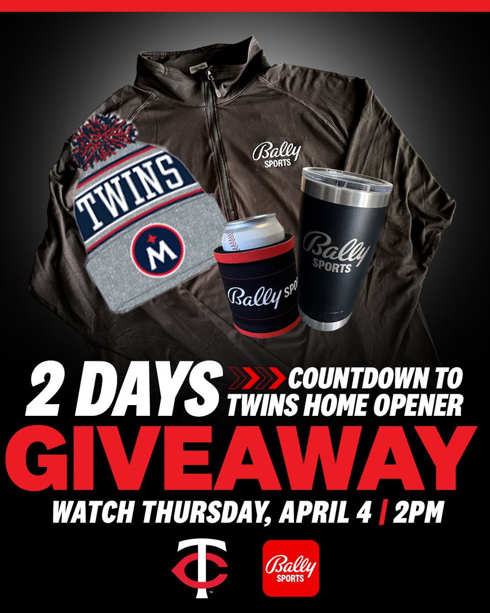 2 days until <a href="/Twins/">Minnesota Twins</a> Home Opener!
Follow @BallySportsNOR + repost this for a chance to score a Bally Sports Prize Pack to make #OpeningDay a home run!

⚾️ One-hour Twins Live - Thursday 2pm

Not feeling lucky? First 10K fans on Thursday get a Twins beanie ➡️