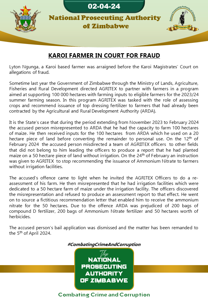 Karoi farmer in court for fraud #CombatingCrimeAndCorruption