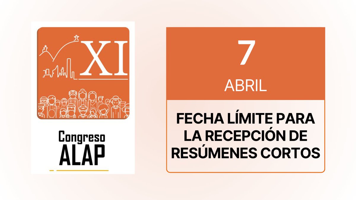 ¡Última semana! 📢 ¡No te quedes fuera del debate académico sobre población en América Latina y el Caribe! 🌎 Envía tu resumen para el XI Congreso de ALAP 2024 ¡Únete antes del 7 de abril! Más info⬇️⬇️ congreso.alapop.org/alap-2024/page…