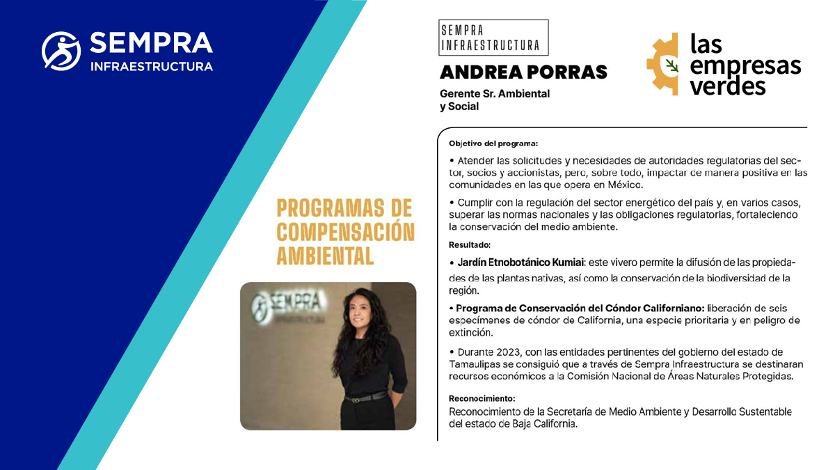 SempraInfra_MX's tweet photo. Nos alegra felicitar a nuestra gerente Sr. Ambiental y Social, @andreaeopsida, por su merecido lugar en la lista de "60 Mujeres en Modo Acción Climática" de @VerdesEmpresas. Su contribución al impulso de iniciativas ambientales es invaluable. ¡Enhorabuena! https://t.co/jlFfntc2i6