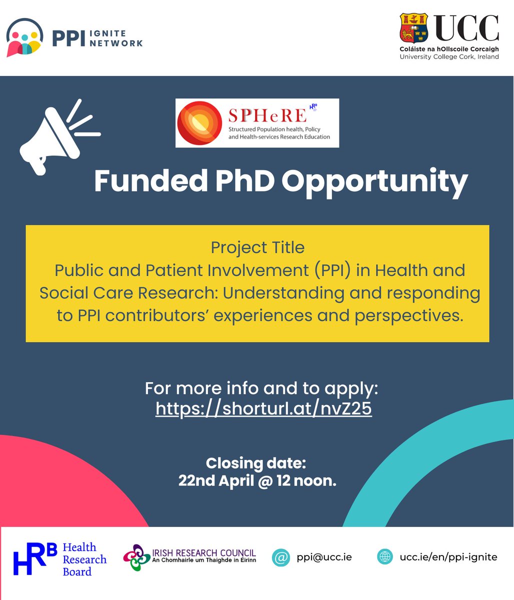 Are you interested in pursuing a #PhD in #PPI? We have a really exciting @SPHeREprogramme PhD opportunity available. Stipend: €25,000 +laptop and fees See here for more info: shorturl.at/cmrAN. Closing date: 12 noon, 22nd April. @PPI_Ignite_Net