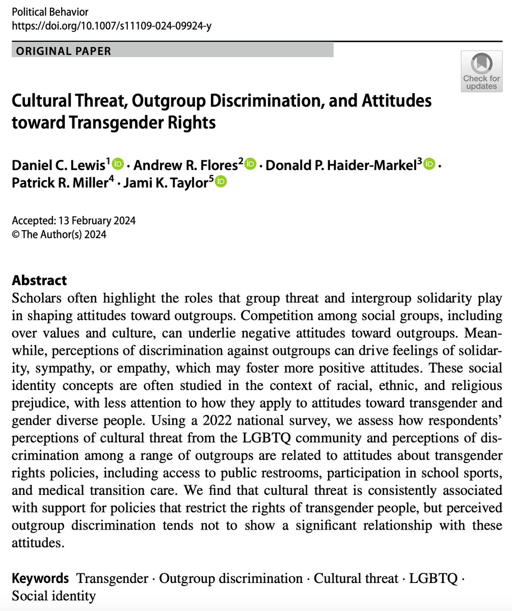 Ross_Dahlke's tweet photo. With Trans Day of Visibility entering the culture wars, important research from Lewis et al. finds that perceptions of cultural threat from the LGBTQ community is linked with support for restrictive policies against trans people in @PolBehavior  https://t.co/EylJtdFX12 https://t.co/vvpYmG5ASq