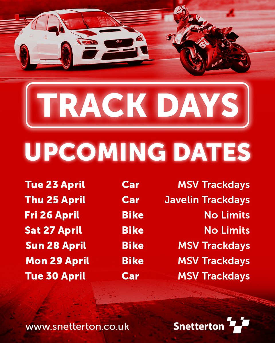 Get out on a real race circuit this month 🏁 View the full car and bike track day calendars below 👇 🚗 snetterton.co.uk/calendar/track… 🏍 snetterton.co.uk/calendar/track…