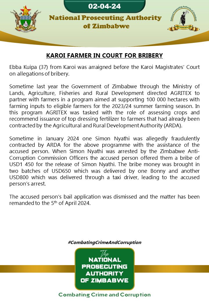 Karoi farmer in court for bribery #CombatingCrimeAndCorruption