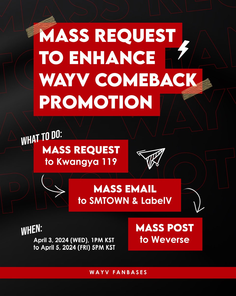 WayZenNi, junte-se a nós em um projeto coletivo com o propósito de exigir uma promoção justa para o próximo comeback do WayV. Vamos ficar juntos e garantir que eles recebam o reconhecimento que merecem. 

(iremos disponibilizar o template em ENG, CH e KR) 

#WayV #威神V