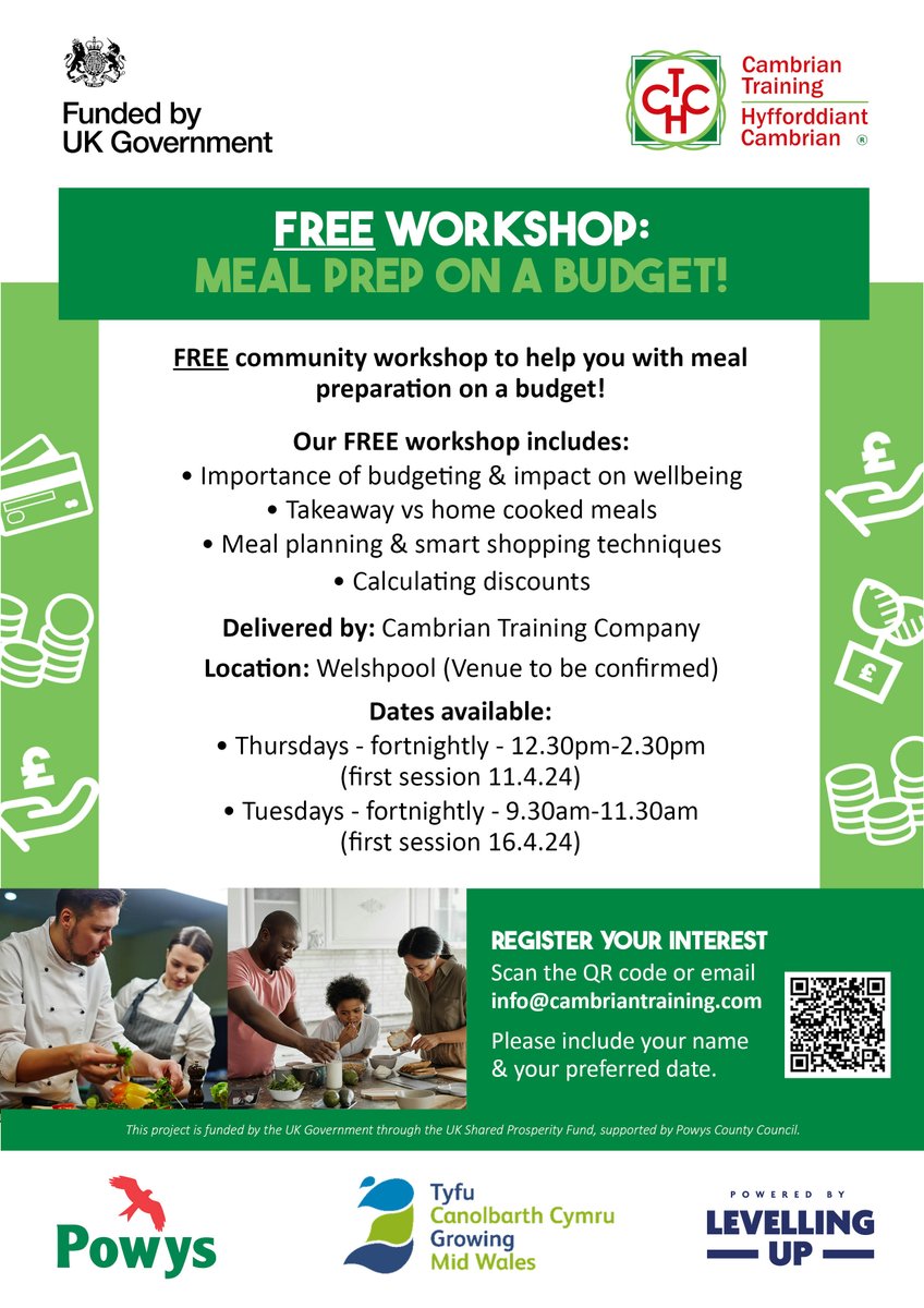 FREE Workshop Meal preparation on a budget! Help make your money go further, Plan your meals and save money👛 Tuesdays or Thursdays - am or pm Contact us through info@cambriantraining.com to register your interest.