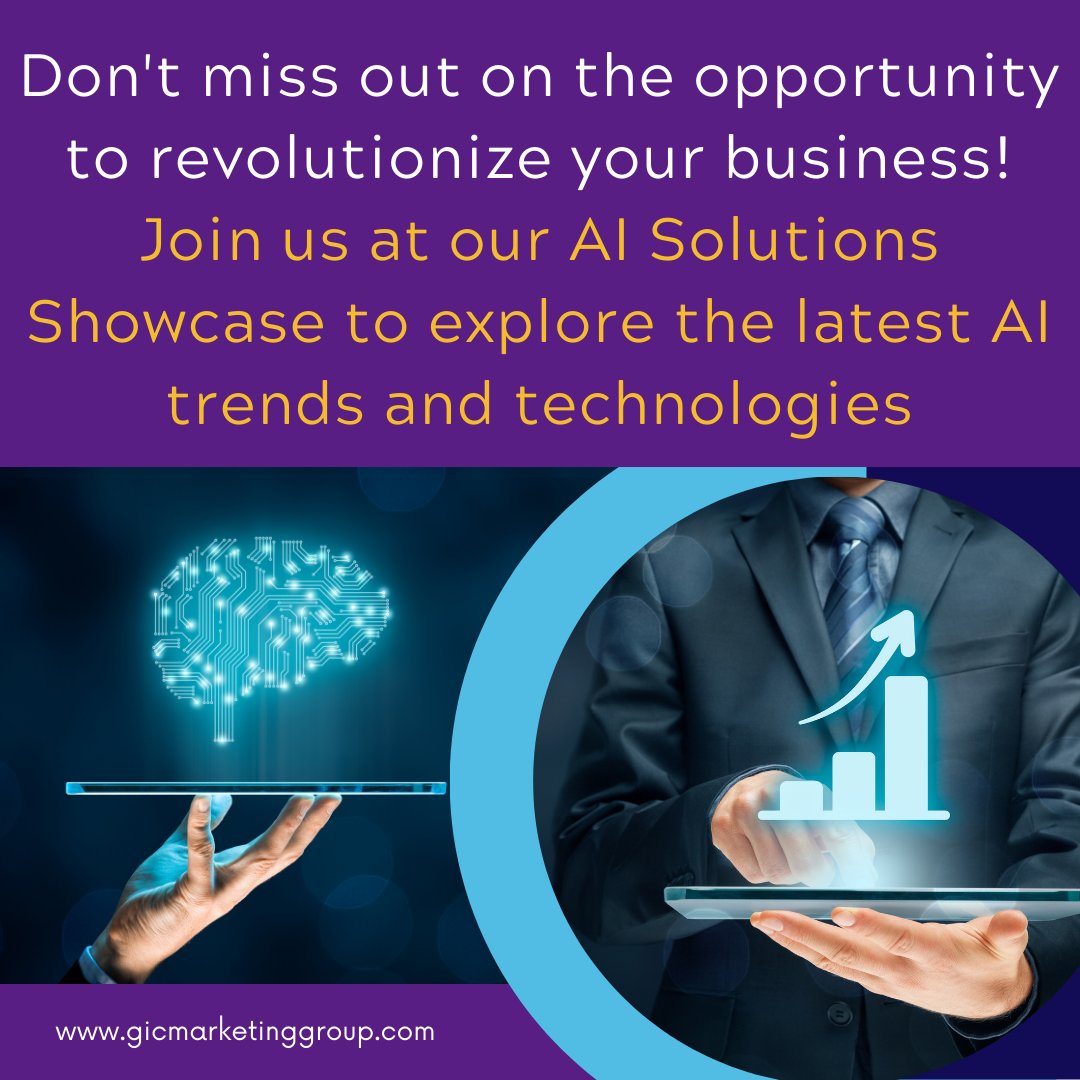 Revolutionize your #business with us! Explore the latest #AItrends and #technologies at our AI Solutions Showcase. Don't miss this opportunity to stay ahead in the ever-evolving landscape of business innovation. Register now! #aifuture #leadgeneration