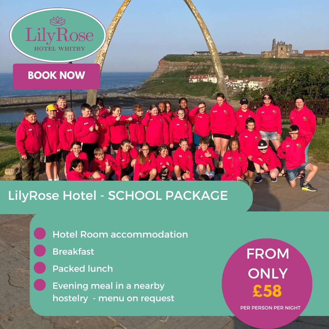 School groups are welcome at the LilyRose Hotel &amp; feedback from previous schools are available on request. Looking for a hotel in #Whitby to accommodate up to 44 children and staff, consider block booking our property.  See example package below. T/C apply  #schooltourswhitby