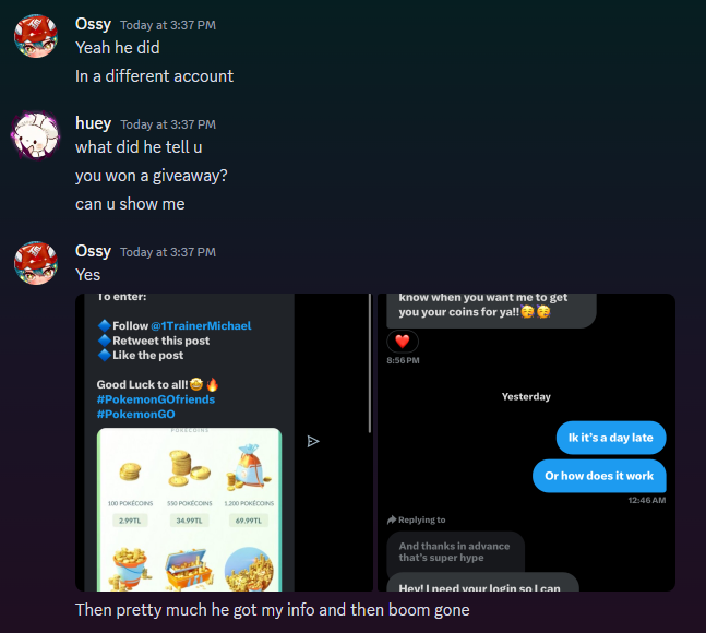hubbahuey's tweet image. Need help everyone...

Recently, a server member of mine fell into a scam by @1TrainerMichael (Allegedly its master warlord but who knows at this point)

The account promised a free prize to my friend and then changed the login info after logging in successfully.

Fun fact, this…