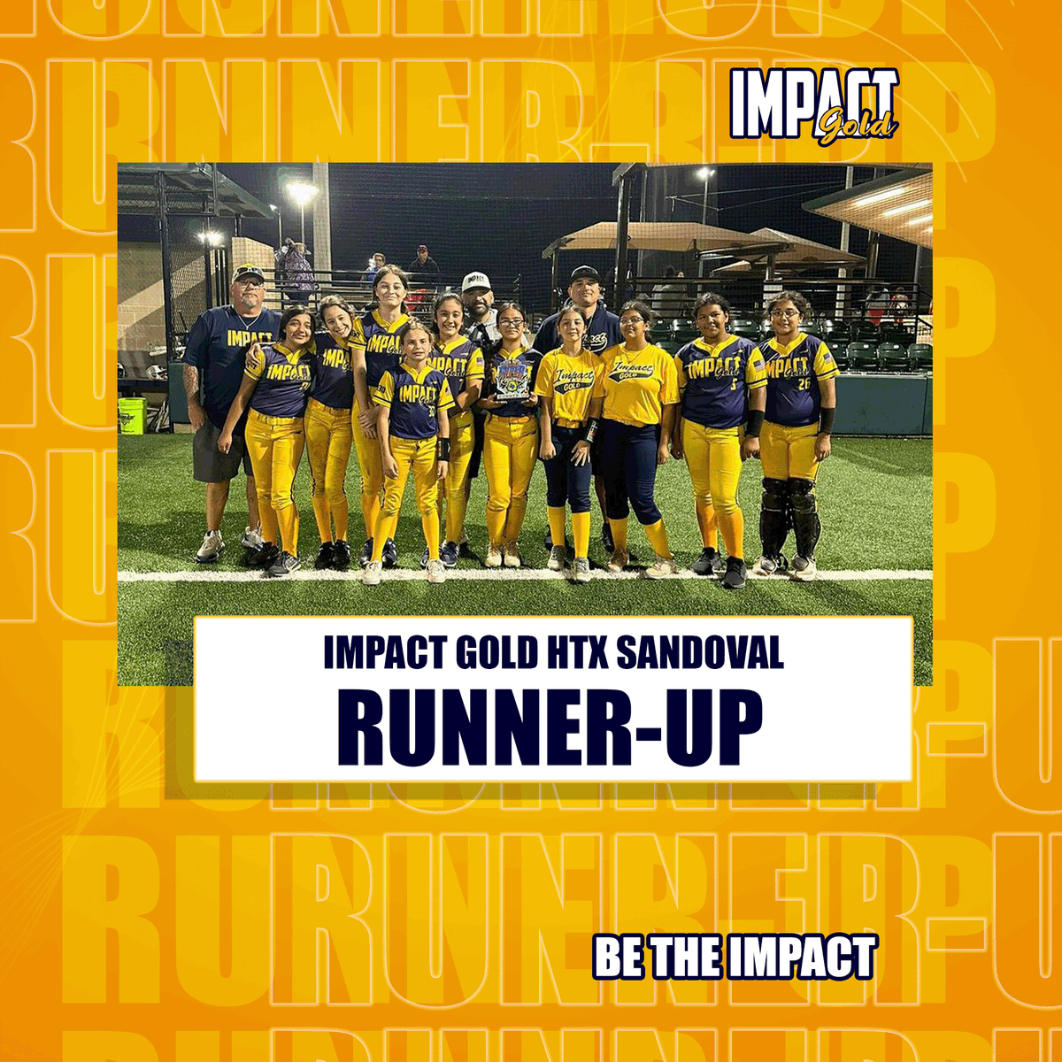 Congratulations to Impact Gold HTX Sandoval finishing RUNNER UP in 2024 USFA Super Regionals!! Great job, ladies! #betheimpact #goldblooded #impactgoldhtxsandoval