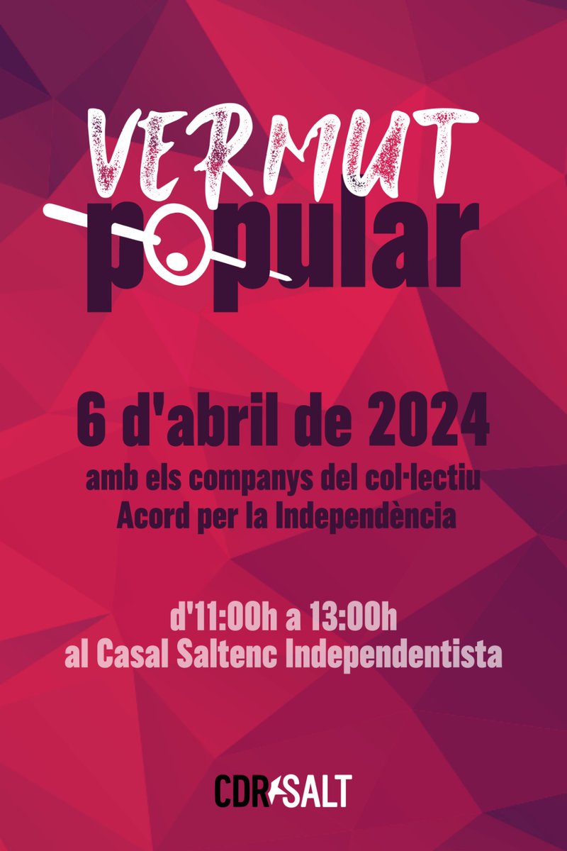 ✅Ens tornem a trobar, aquest cop aprofitant que al nostre poble ja hi ha activitats de la #FiraFloriPlanter 

📅 DISSABTE 6 D'ABRIL 
⏰ 11h a 13:00h
📍 AL CASAL SALTENC INDEPENDENTISTA

✅Volteu per Salt i veniu a fer el vermut! 
#INDEPENDÈNCIA 

CDR SALT
