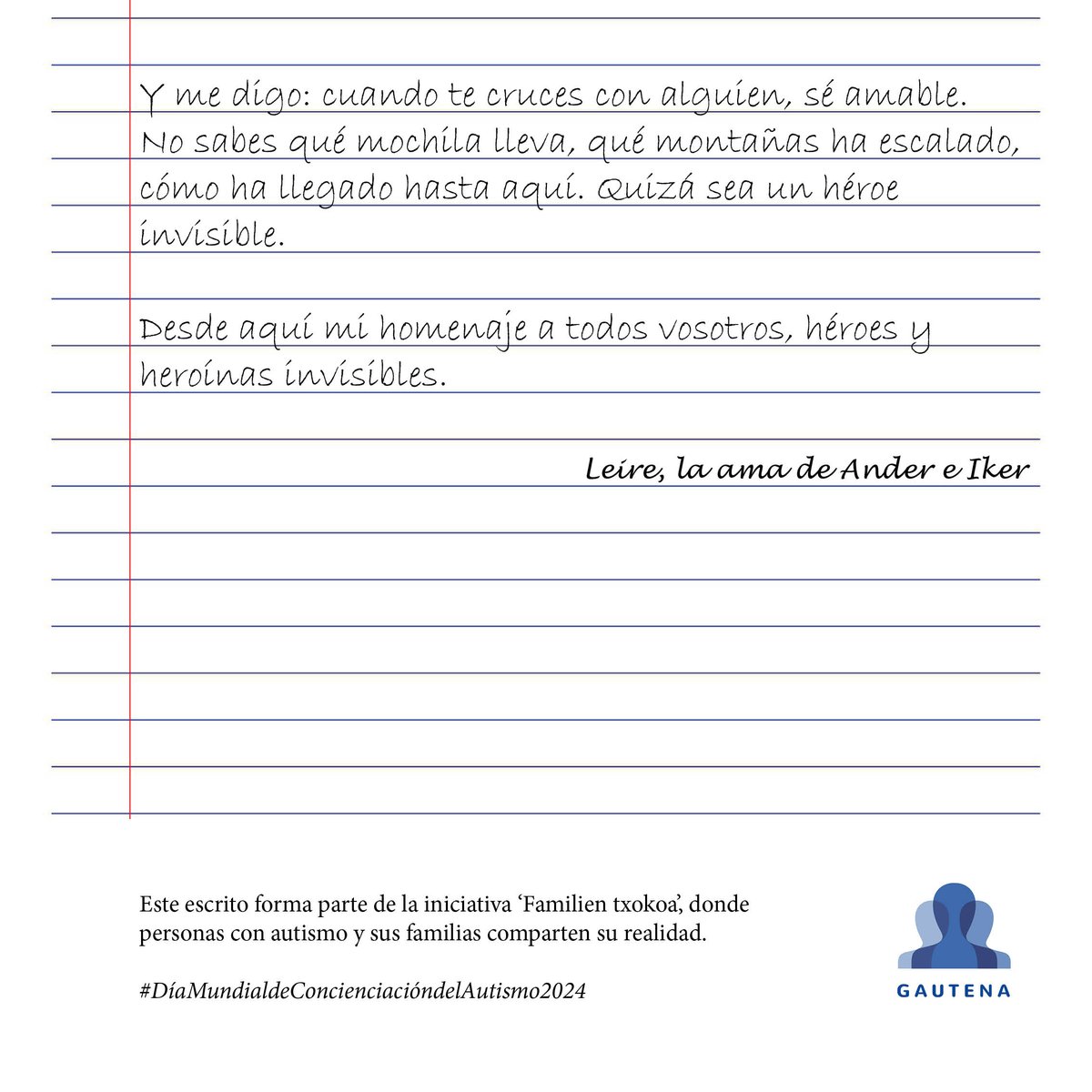 gautenagipuzkoa's tweet photo. HOMENAJE A LAS HEROÍNAS Y HÉROES SIN CAPA✨

¿Quiénes son esos héroes y heroínas invisibles de los que habla Leire, madre de Ander e Iker? #DiaMundialAutismo https://t.co/swVCHBlidG