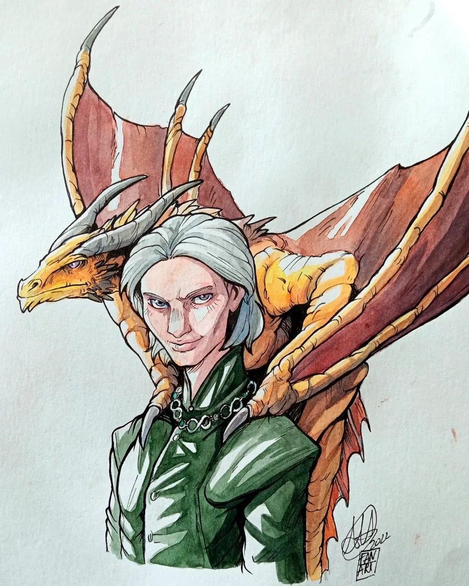 “Prince Aegon Targaryen was
thirteen, Princess Helaena eleven. Both Aegon and Helaena were dragonriders. Helaena now flew Dreamfyre, the she-dragon whilst her brother Aegon’s young Sunfyre was said to be the most beautiful dragon ever seen upon the earth.”

🎨: mayet_artist on ig