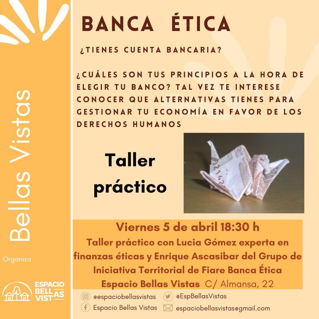 ⚖️ ¡El viernes 5 organizamos un taller de banca ética! ('¿Banca ética?', os oímos decir) 💸 Si quieres conocer qué alternativas para gestionar tu economía en favor de los derechos humanos, ¡este es tu sitio! 💫 Nos ponemos manos a la obra de la mano de expertas de @fiareBE