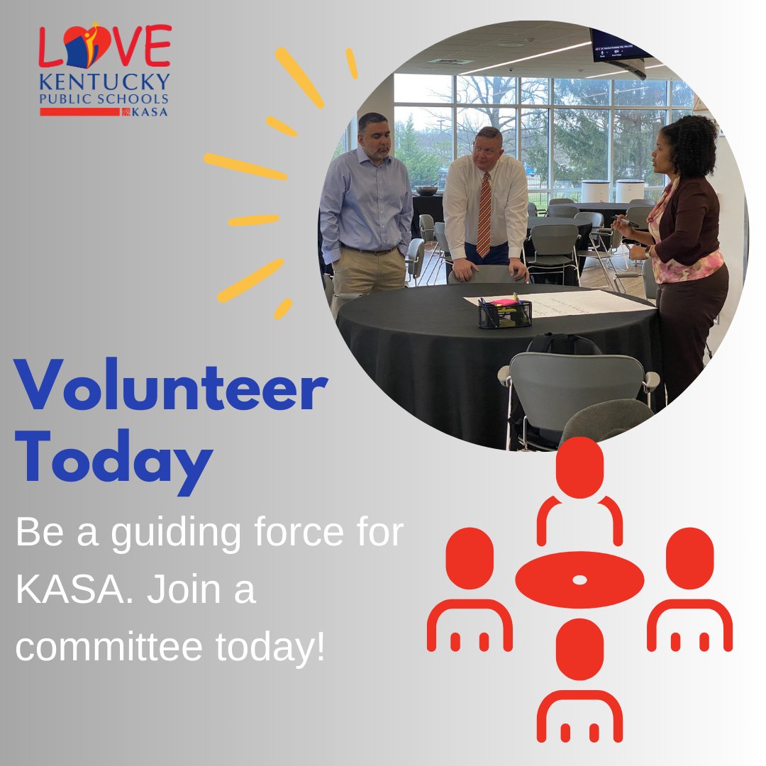 Committees play a pivotal role across all facets of KASA, and your support is essential! Choosing to volunteer for committee service presents a chance to positively impact statewide initiatives. Learn More: tinyurl.com/42yxnhp7 #LoveKYPublicSchools