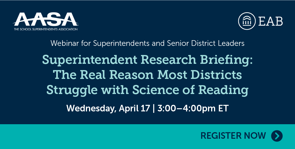 Nearly 2/3 of US 3rd graders struggle with reading, due to misaligned instruction methods. Discover the real challenges and innovative strategies for boosting early literacy in EAB's webinar. PD alone isn't the solution. Register now: pages.eab.com/EAB-and-AASA-S…