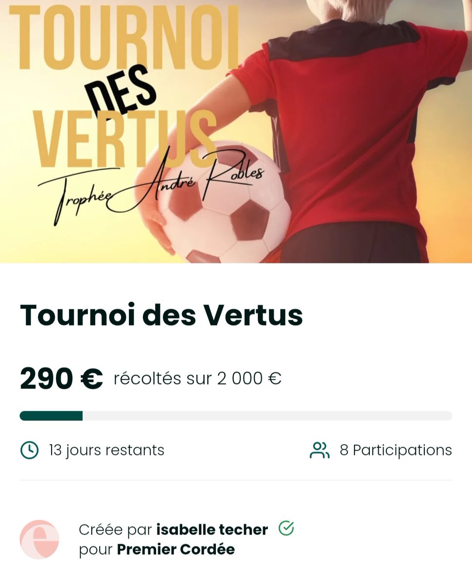 leetchi.com/fr/c/tournoi-d… Nous avons fait 14.5% du chemin pour @PremiersdCordee ...tu nous accompagnes ❓ 🧞‍♀️ Tournoi des Vertus 🔔 Samedi 6 avril 2024 ⌚ Dès 10 heures 🎈Le Pecq @Prefet78