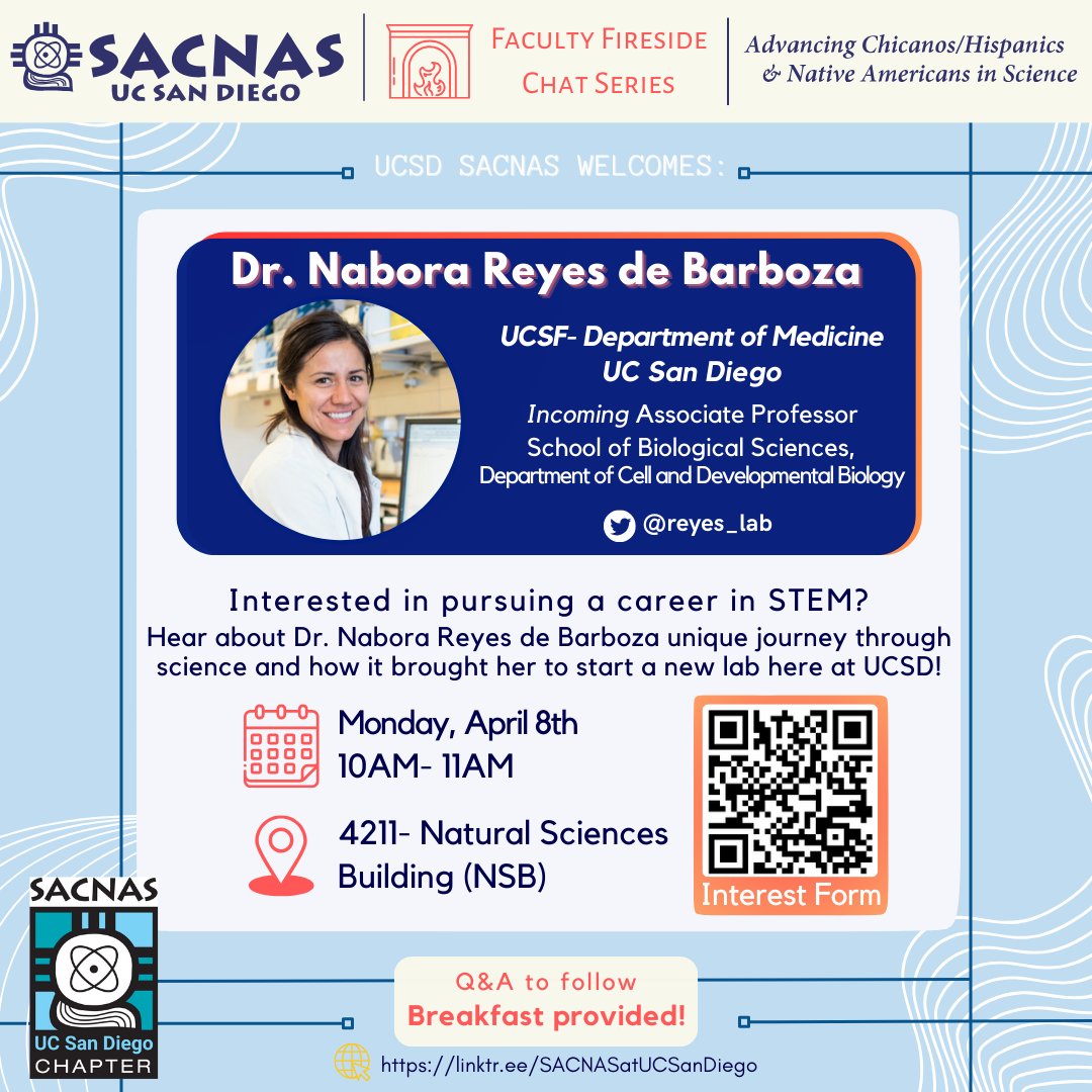 SACNAS at UC San Diego (@sacnas_ucsd) on Twitter photo Welcome back Tritons! Start off the quarter with our next fireside chat from Dr. Nabora Reyes de Barboza on Monday 4/8. Come hear more about her exciting journey and learn more about her incoming lab
<a href="/reyes_lab/">The Reyes Lab</a> here at <a href="/ucsdbiosciences/">UCSD BioSciences</a>. 🧬 Welcome back Tritons! Start off the quarter with our next fireside chat from Dr. Nabora Reyes de Barboza on Monday 4/8. Come hear more about her exciting journey and learn more about her incoming lab
<a href="/reyes_lab/">The Reyes Lab</a> here at <a href="/ucsdbiosciences/">UCSD BioSciences</a>. 🧬