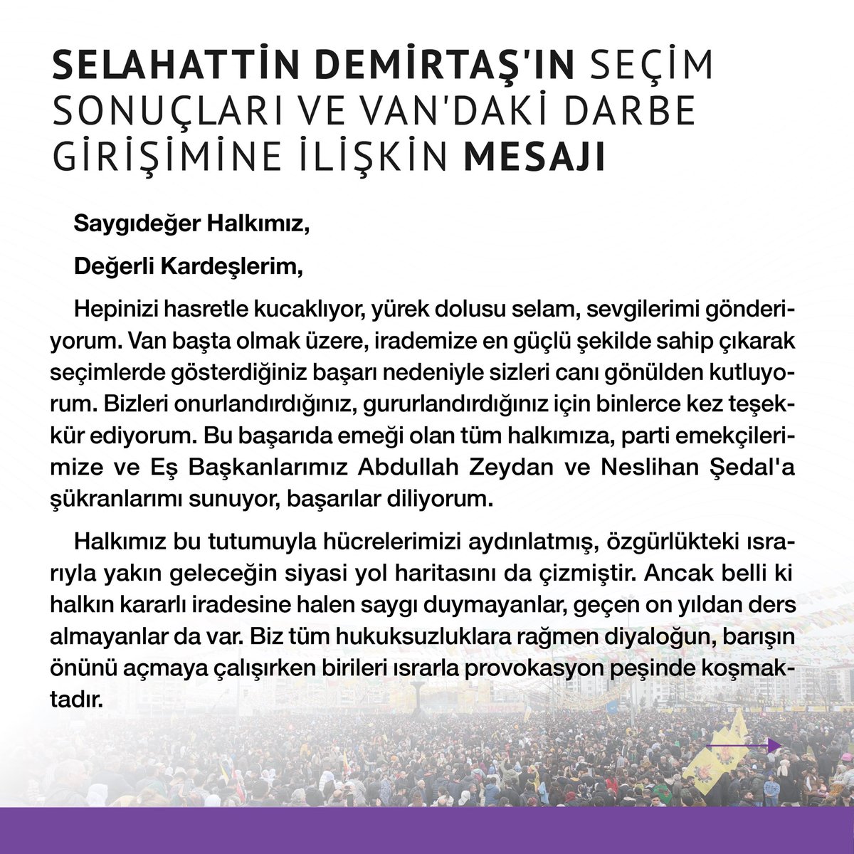 DEMGenelMerkezi's tweet photo. Yoldaşımız Selahattin Demirtaş’ın, Van’daki seçim darbesi girişimine ilişkin mesajı: https://t.co/2ySdVERU7h