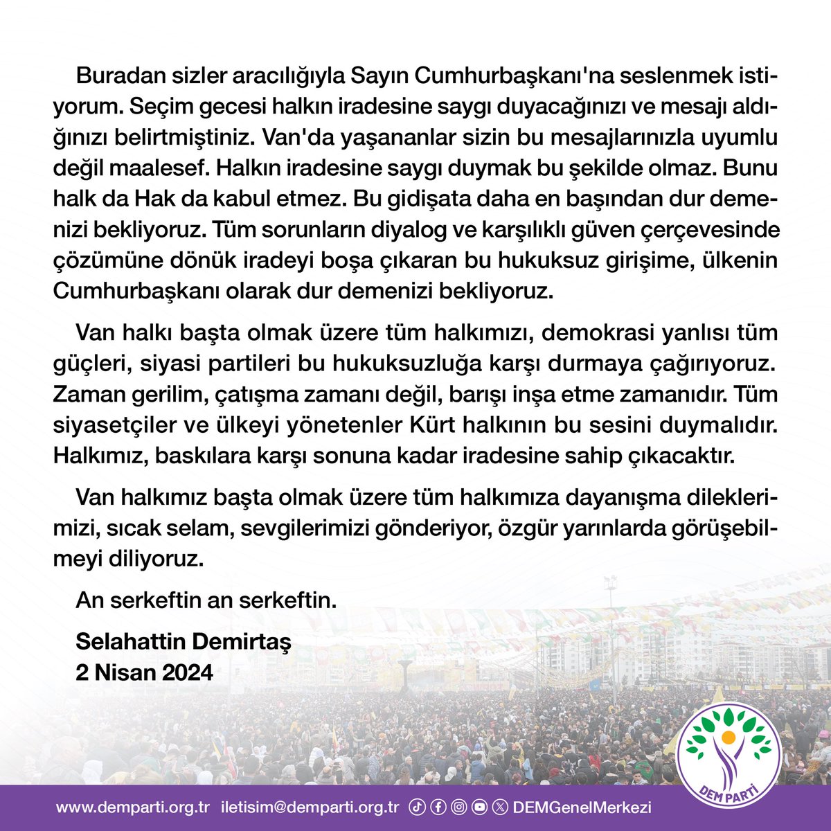 Yoldaşımız Selahattin Demirtaş’ın, Van’daki seçim darbesi girişimine ilişkin mesajı: