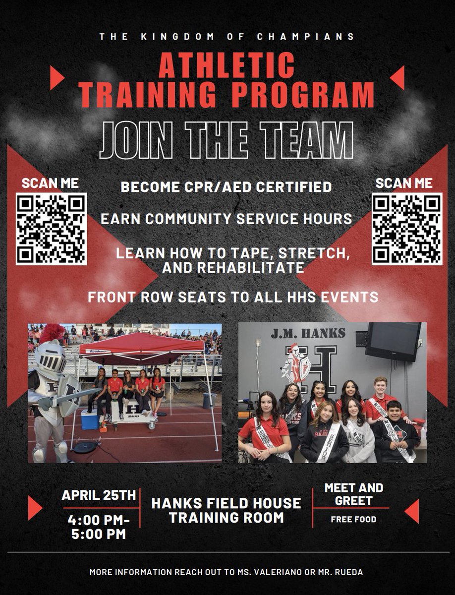 ⚔️🛡️🏰Join Hanks Athletic Training today! If you are interested in becoming a Student Athletic Trainer please scan the QR code on flyer and fill out the form. Tryouts begin April 25th! We look forward to you joining the team! 🏰⚔️🛡️ 🛡️⚔️🏰 Please retweet and share! 🏰⚔️🛡️