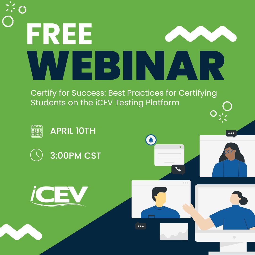 iCEVonline's tweet image. 🌟 Join us for the Certify for Success Webinar! 🌟
Enhance your effectiveness in the classroom by learning tips and strategies to guide your students to certification success. #IndustryCertifications #CertificationSuccess #IndustryStandards
Save your spot: bit.ly/3U1My0Y