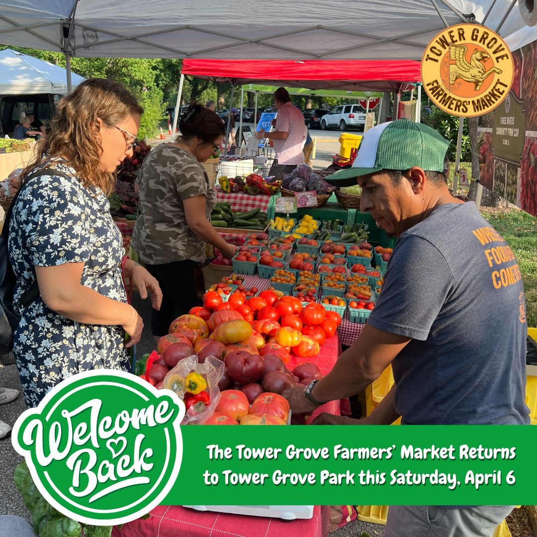 The Tower Grove Farmers’ Market RETURNS this Saturday, April 6 to Tower Grove Park! The market is on Saturdays from 8 a.m.–12:30 p.m. (April through November) and Tuesdays from 4–7 p.m. (May through September). For more information, visit tgfarmersmarket.com.