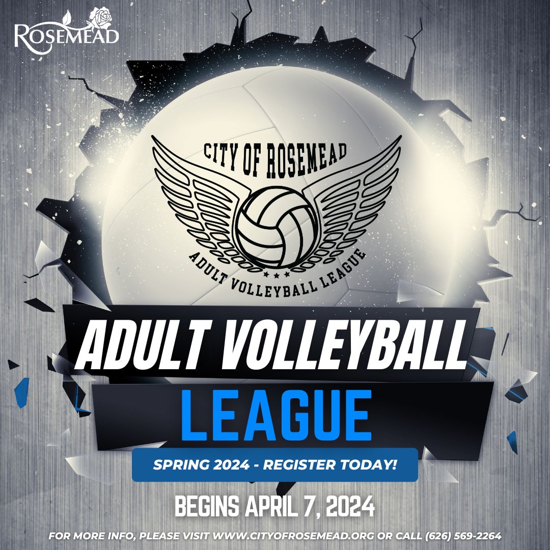 Sweat it out on the court! 🏐🔥 Sign up for our Spring 2024 Adult Volleyball League starting April 7 at Garvey Park Gym. Games every Sunday from 6:30pm - 9:30pm. Join now at ow.ly/w5XV50QYLPU or call (626) 569-2264. #Volleyball #RosemeadREC #GarveyPark #CityofRosemead
