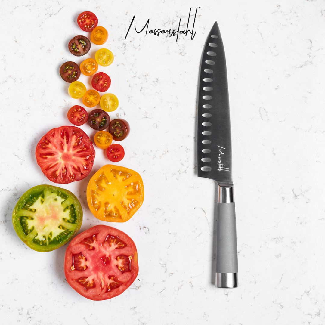 The Messerstahl 8' Chef's Knife brings precision &amp; performance with a Granton edge, preventing food from sticking onto your knife. Visit Messerstahl.com to explore our cutlery selections!