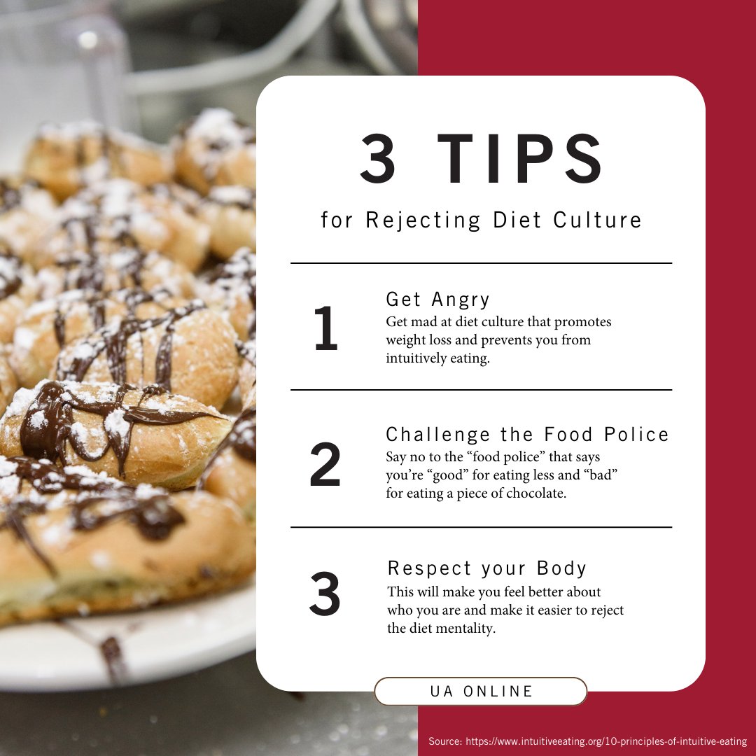 It's not just Tip Tuesday, it's also Intuitive Eating Tuesday! Follow these three tips for rejecting #dietculture and join @wellnessatua TODAY at 12:00 p.m. for their virtual session on intuitive eating. Join the event ➡️ bit.ly/43DfShh