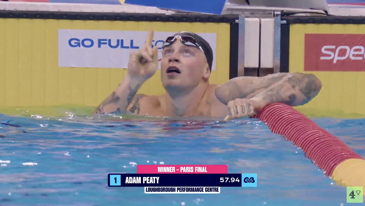 ADAM. PEATY.

57.94. 100 BREAST.

HE'S HEADED TO PARIS.