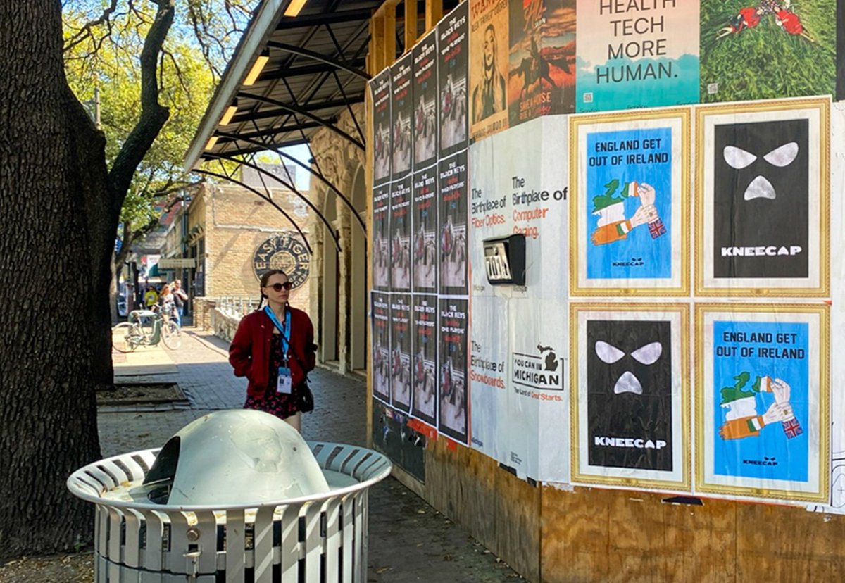 We boycotted SXSW over the US military's 'super sponsorship' of an arts festival as they facilitate a genocide.. But our posters still went up in the centre of Austin... England Get Out of Ireland 🦵