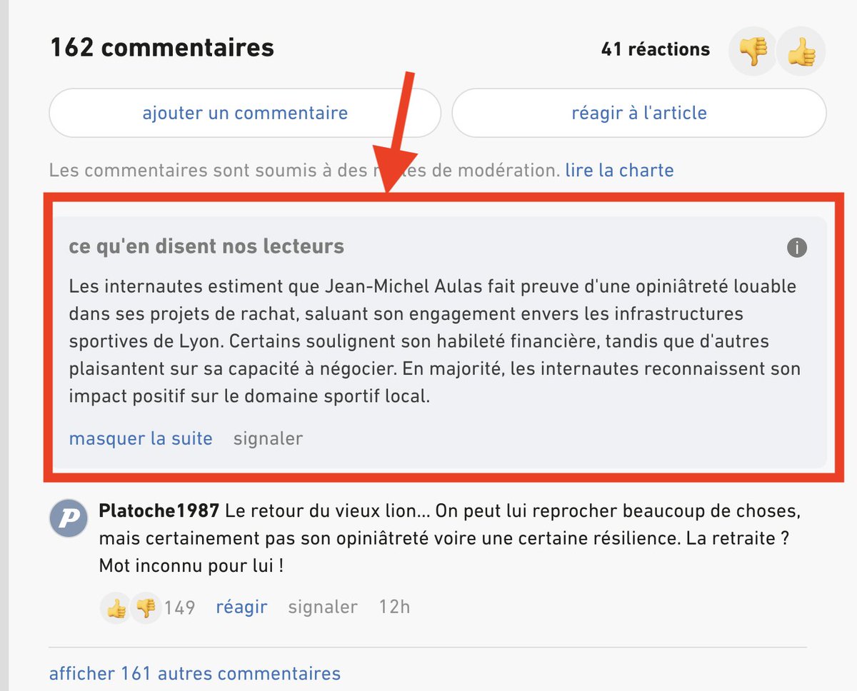 Idée intéressante : sur <a href="/lequipe/">L'Équipe</a>, une IA générative propose désormais un petit résumé des commentaires en préambule (et c'est assez clairement indiqué) 

Les explications du CTO Raphaël Dardeau linkedin.com/posts/rdardeau…