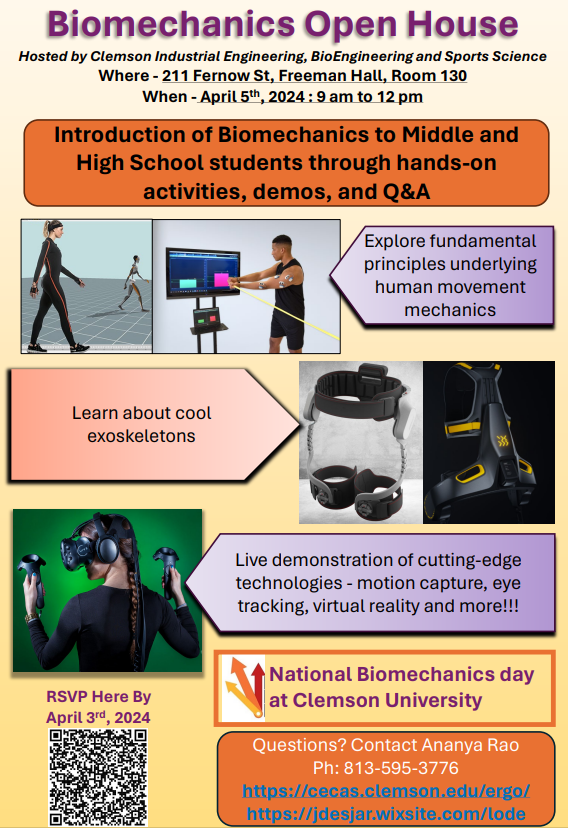 National Biomechanics Day is coming to Clemson!

This week our engineering and sports science groups we'll be hosting local middle and high school students as part of #NBD2024.

A great way to introduce the field to future biomechanists!