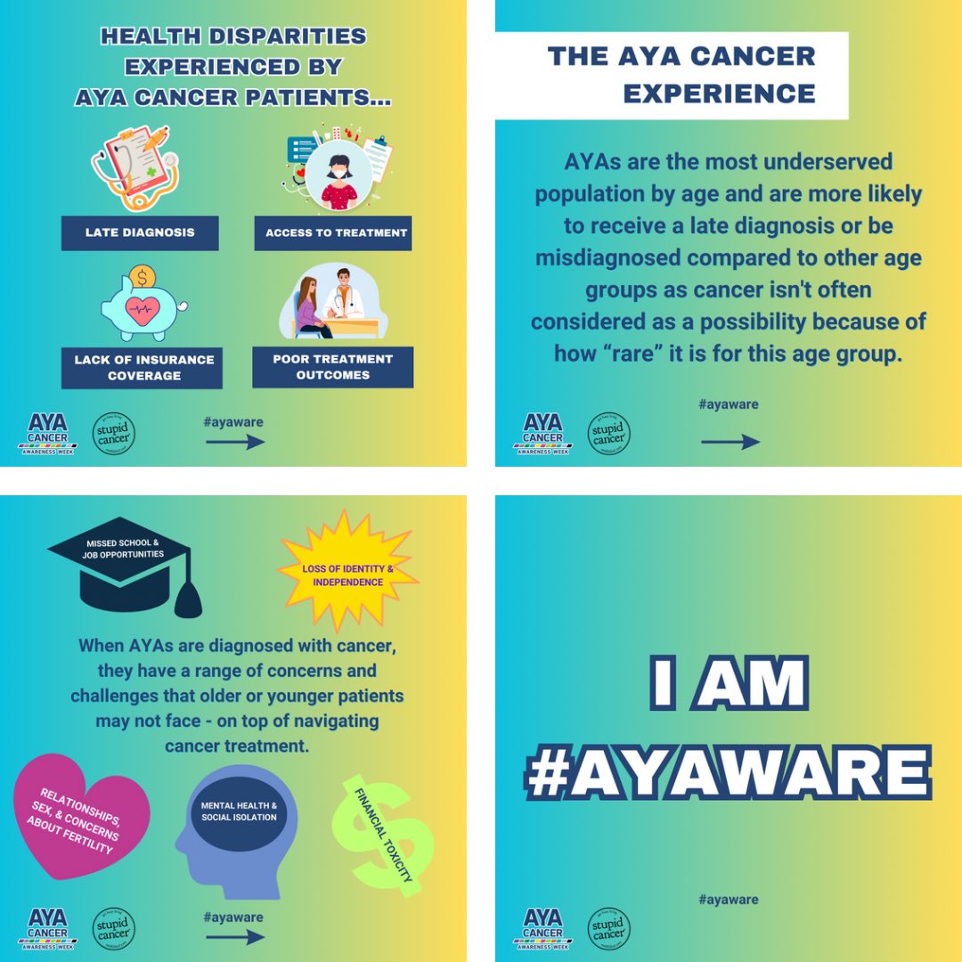 Disparities are compounded for AYAs from marginalized communities; BIPOC, LGBTQ+, Disabled and rural patients are likely to face additional burdens in their treatment and survivorship. We have a long way to go to achieve true health equity for our community. #ayaware #ayacancer