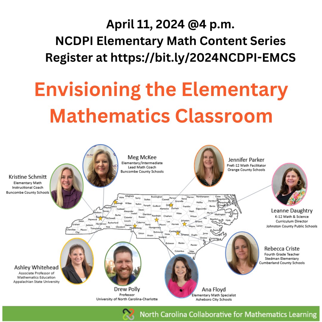 Join NC2ML co-designers for next week’s session of the NCDPI Elementary Math Content Series: Envisioning the Elementary Mathematics Classroom on Thursday, April 9 @ 4-5:30 p.m. Register at bit.ly/2024NCDPI-EMCS. #mathvision