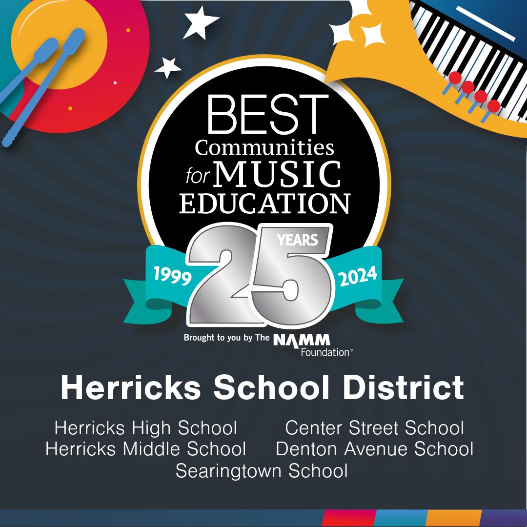 This award is music to our ears!!! Herricks has been named one of America’s Best Communities for Music Education by @NAMMFoundation. 2024 marks the 16th year that the district has been honored with this prestigious distinction. Congrats to all! #WeAreHerricks @HerricksSup