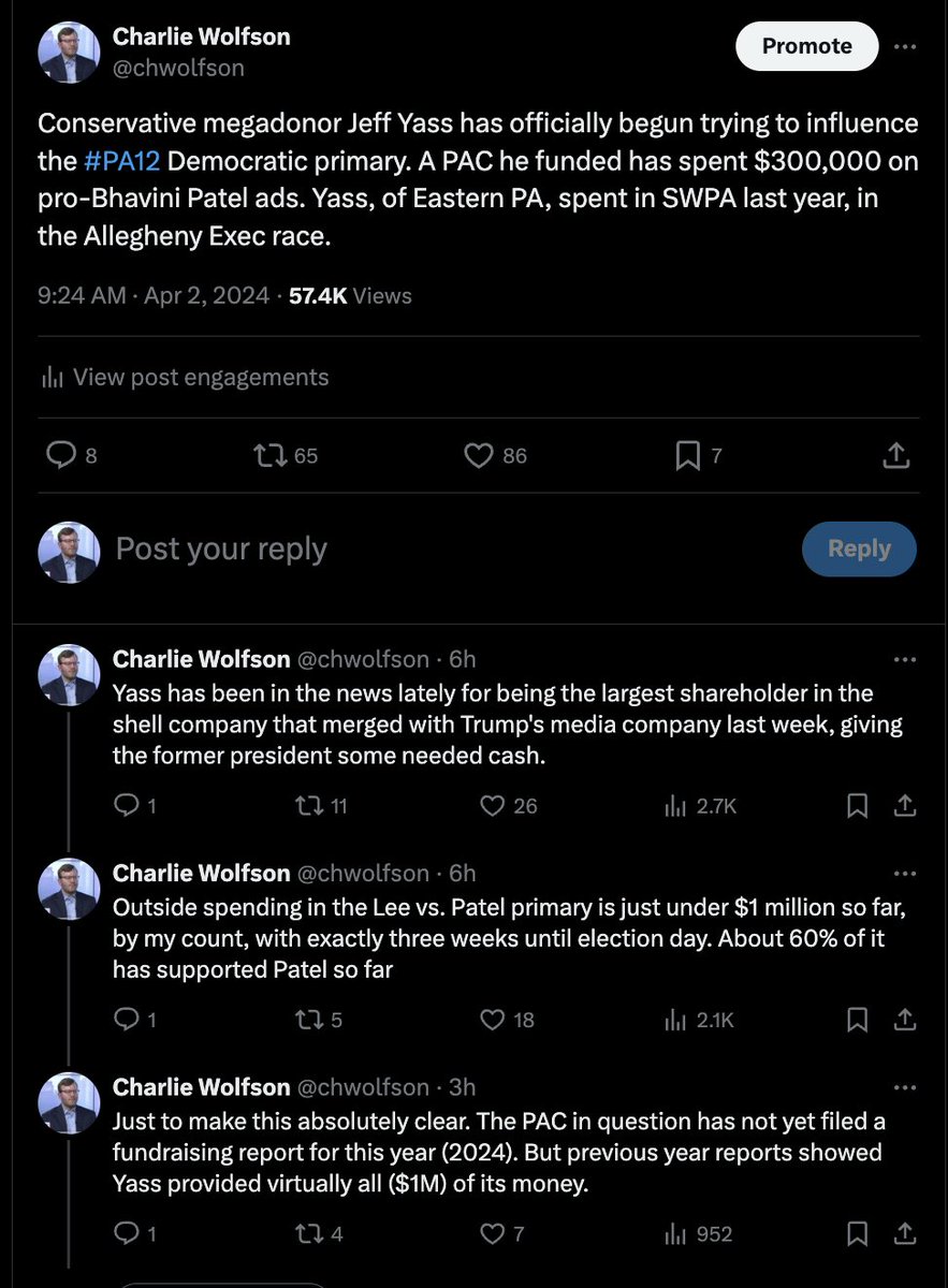 I want to clarify this earlier post that I've since taken down. The PAC that has spent $300,000+ on pro-Bhavini Patel ads received virtually all of its funding from conservative megadonor Jeff Yass in past years. Its funding sources for this year, however, are not yet known.