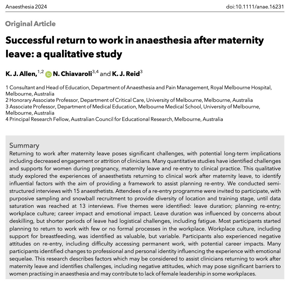 Returning to work after maternity leave can be incredibly challenging! @ergopropterdoc et al interviewed attendees of a re-entry programme 5 themes emerged: ➡️leave duration ➡️planning re-entry ➡️workplace culture ➡️career impact ➡️emotional impact 🔗…-publications.onlinelibrary.wiley.com/doi/10.1111/an…