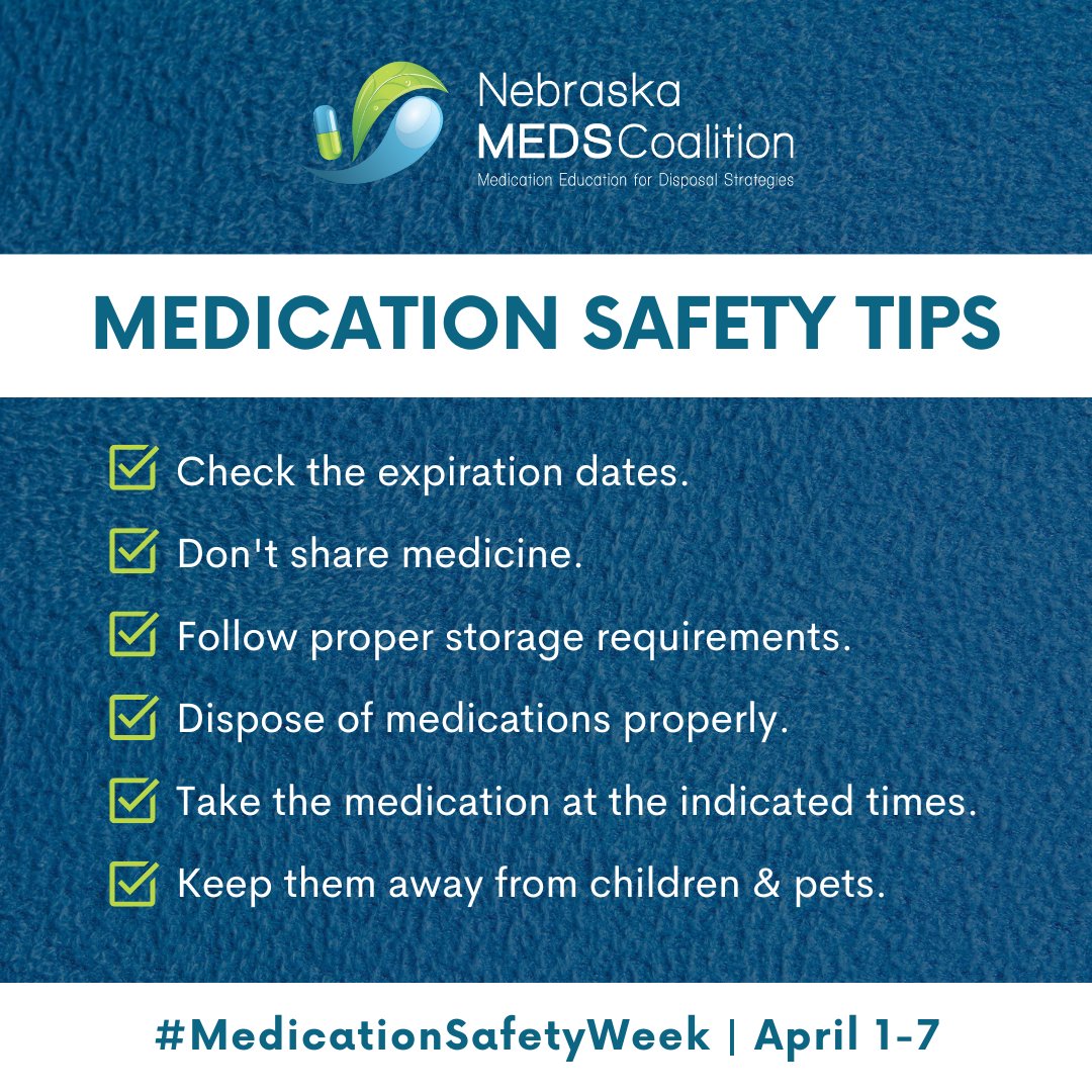 NebraskaMeds's tweet image. Guess what?! 💊 It's Medication Safety Week!

#MedicationSafetyWeek (April 1-7) serves as a reminder that we must be more cautious about how we use and store our medications, as medication errors are the sixth leading cause of death.