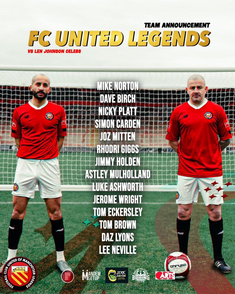We are excited to announce our first batch of FC United Legends taking on the Len Johnson Celebs! Saturday 18th May at Broadhurst Park, kick off 3pm🏡 Early bird tickets on sale now 🎫 Proudly sponsored by Jerk Junction 🇯🇲 🔥 ❤️ Full details: fc-utd.co.uk/news-story/cel…