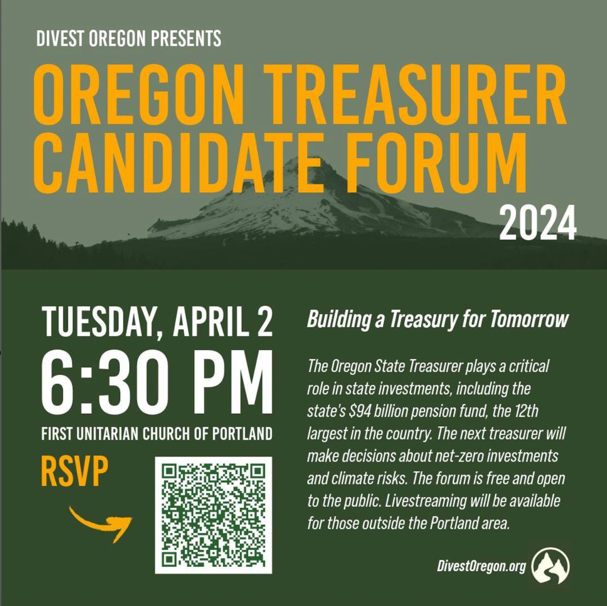 Join Divest Oregon TONIGHT for the Oregon Treasurer Candidate Forum! We'll also celebrate the passing of the COAL act. Tues, April 2, 6:30PM @ First Unitarian Church of Portland (1011 SW 12th Ave, Portland) learn more and sign up @ 350pdx.org/treasurerforum